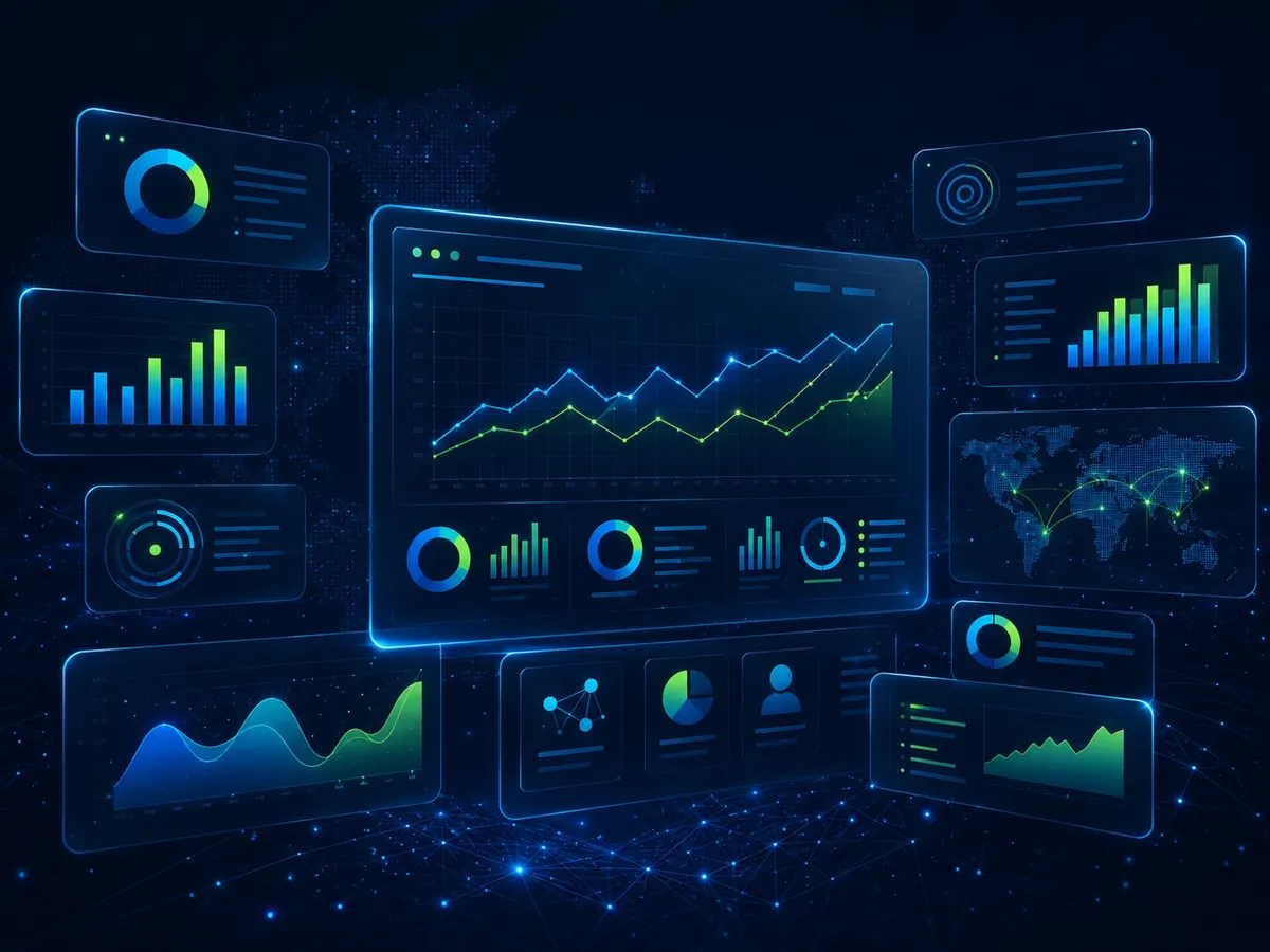 Digital analytics dashboard showing business intelligence charts and data insights.