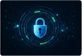 Digital lock and shield representing cybersecurity and responsible technology governance.