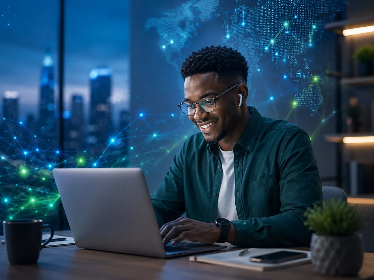 Remote professional working on a laptop, representing flexible digital work and global talent opportunities.
