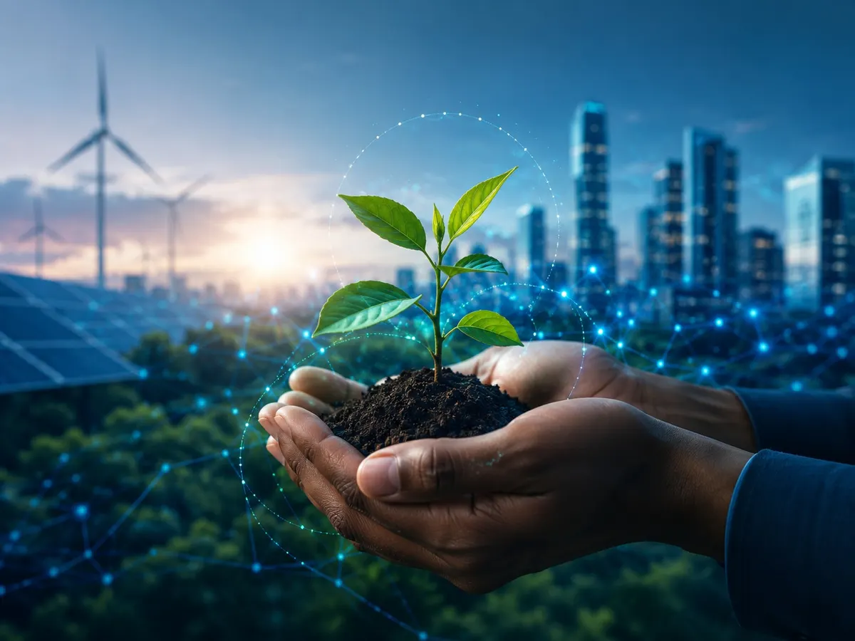 Hands holding a growing plant with digital network overlay, representing sustainable technology and responsible innovation.